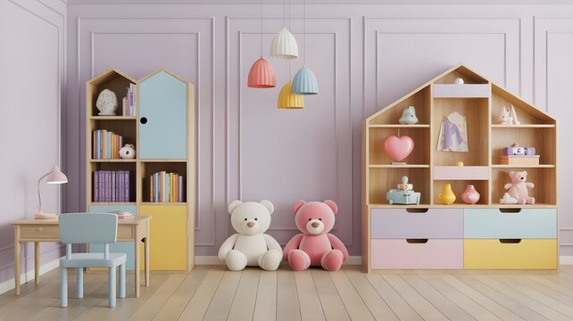 little children boys or girls bedroom furniture interior design with toys and colorful cabinets, empty blank wall with copy space as wide banner mockup for daycare and kindergarten