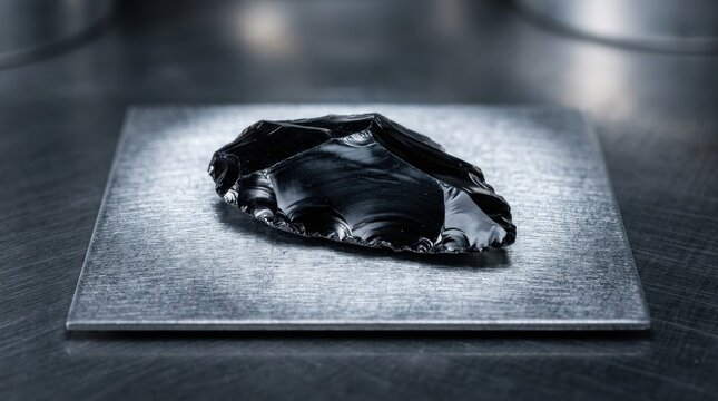 A sharp obsidian shard with a smooth, cool, glassy texture resting on a textured metallic surface
