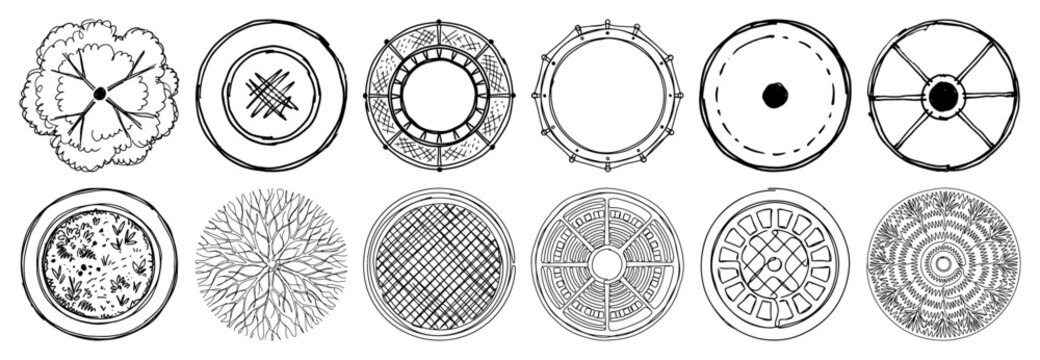 Manhole covers and sewer lids top view collection hand drawn style