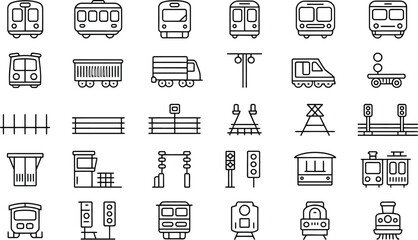 Railway transport, icon set vector, metro train tram monorail station clock waiting room and crossing symbols for transportation design. © Doa