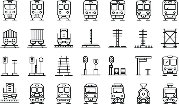 Railroad line, icon set vector, commuter train metro tram monorail rail cars and railway station elements with editable stroke design.