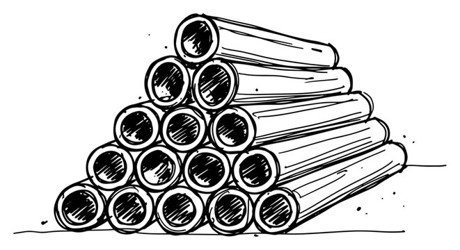 Stacked pipes pile for industrial construction and plumbing projects hand drawn style