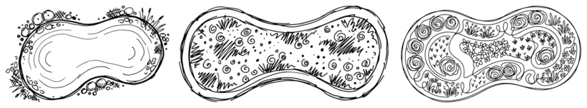Garden pond and swimming pool design plans from top view in hand drawn style