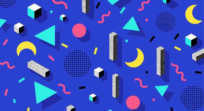 memphis style abstract background geometric pattern and retro design evoke a vibrant 80s aesthetic for creative digital art.