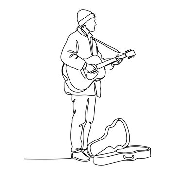 Street musician playing acoustic guitar with an open instrument case in continuous line art style