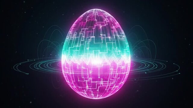 Futuristic glowing digital egg with circuit patterns, cyberspace, abstract technology, pink and teal.