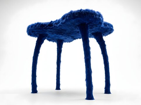 Abstract blue furry organic sculpture resembling an unusual multi-legged table or stool on a clean white background, showcasing unique art furniture