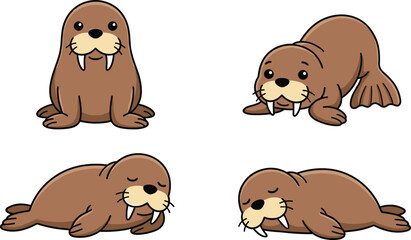 Cute walrus cartoon vector illustration set featuring adorable marine mammal poses isolated arctic wildlife collection © MdNazmul