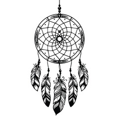 Black and white dreamcatcher graphic with hanging feathers, dreamcatcher © kuhinur