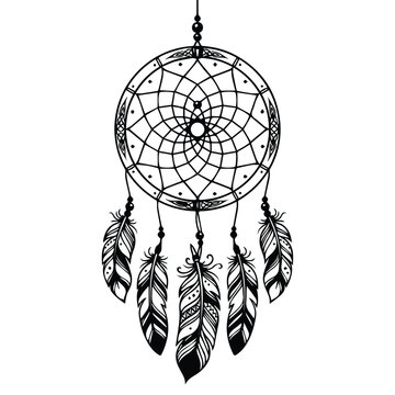 Black and white dreamcatcher graphic with hanging feathers, dreamcatcher