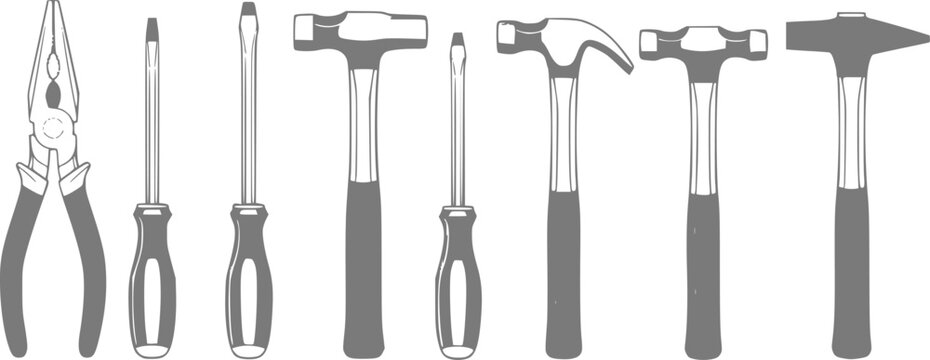 Assortment of hand tools pliers, screwdrivers, and hammers