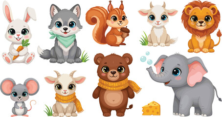 Cute woodland and safari animal cartoon vector illustration set featuring bunny wolf squirrel lion elephant bear and goat characters © MdNazmul
