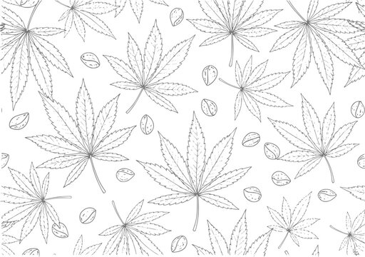 Hand-drawn pattern of leaves and seeds on a white background