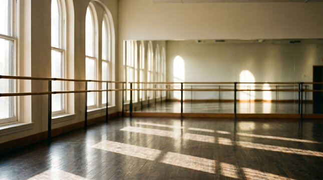 Empty dance studio with wooden floor and ballet barre in front of large windows and mirror