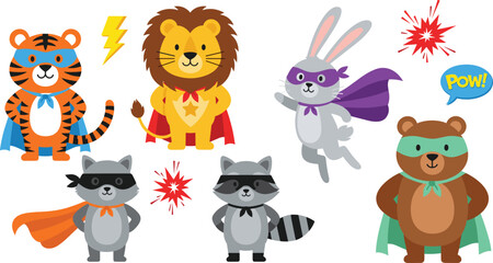 Cute superhero animal cartoon vector illustration set featuring lion tiger rabbit raccoon and bear comic hero characters © MdNazmul