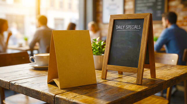 Cafe table with blank menu and daily specials chalkboard