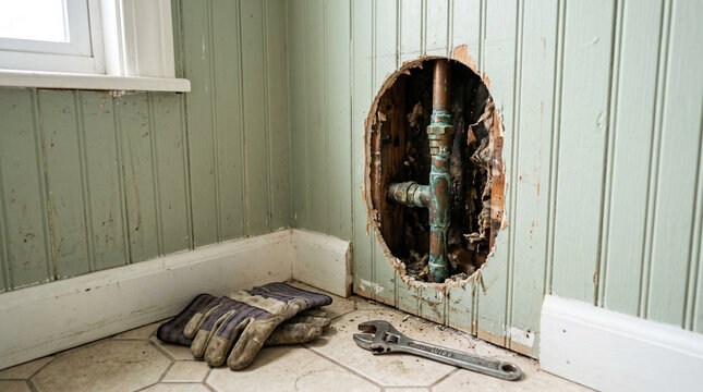 A hole in the wall with a pipe and a wrench and a dirty glove lying on floor