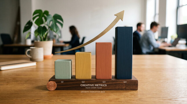 Creative metrics year-over-year growth indicator 2023 with colorful blocks and arrow on wooden base