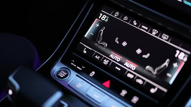 Pressing Heated seat dashboard in a car. Man finger press heating button in the car. Switching ON heated seats of car by pressing the buttons. Hybrid car control panel with seat heating