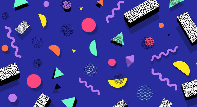 vibrant memphis style abstract background with colorful geometric pattern elements creating a playful retro 80s design