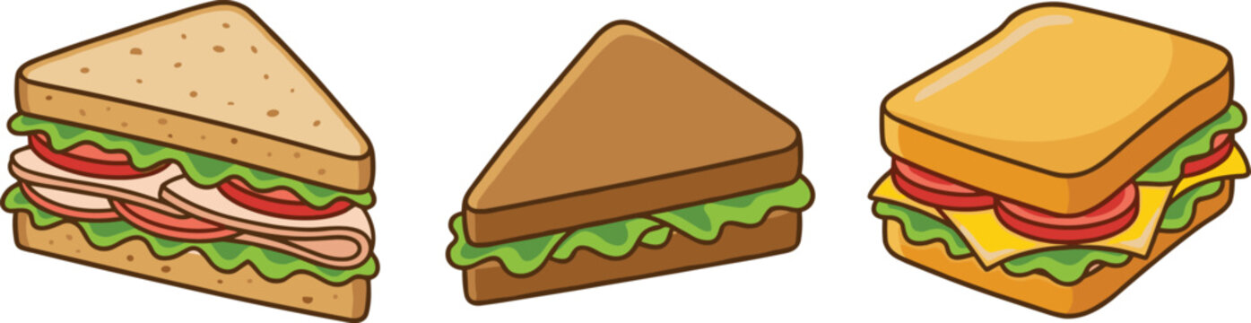 Cute sandwich cartoon vector illustration set featuring toasted sandwiches with cheese lettuce tomato and deli fillings isolated collection