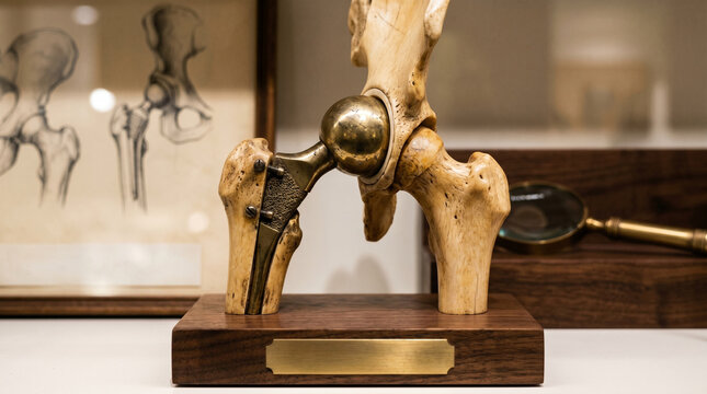 Detailed model of a human hip joint with a metal ball and socket on a wooden base