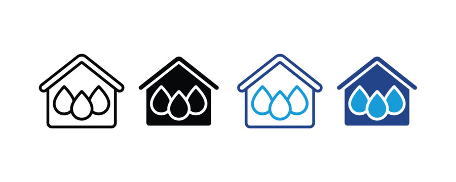 Waterproof House Protection and Home Water Damage Prevention Icon Set. Vector Illustration.