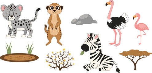 Cute safari animal cartoon vector illustration set featuring leopard meerkat zebra flamingo and African wildlife elements © MdNazmul