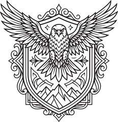 Fototapeta premium Majestic eagle with wings spread in decorative shield emblem vector