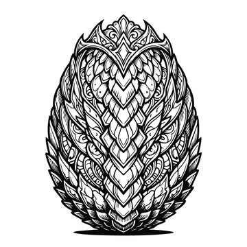 Intricate fantasy dragon egg illustration in black and white with mythical
