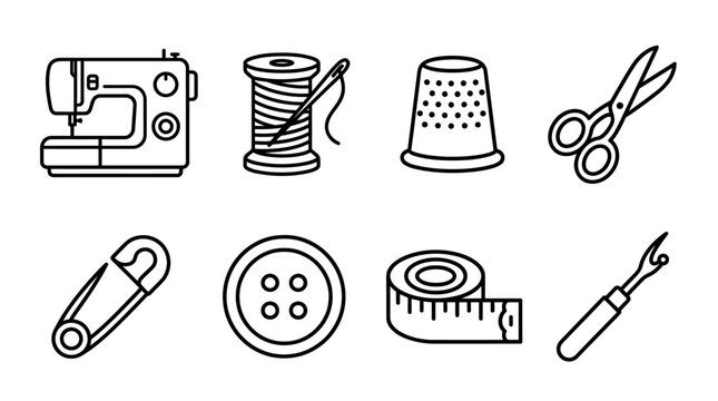 Sewing tools and equipment icons set.
