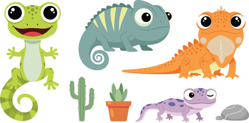 Cute reptile cartoon vector illustration set featuring frog chameleon gecko and iguana with desert cactus elements © MdNazmul