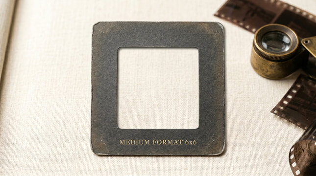 Vintage medium format 6x6 film frame with camera and film on a textured surface background