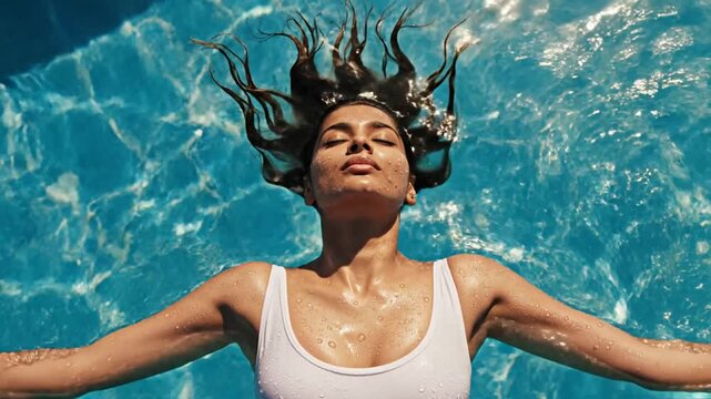 Carefree woman floating on her back in a blue swimming pool with her arms wide open.