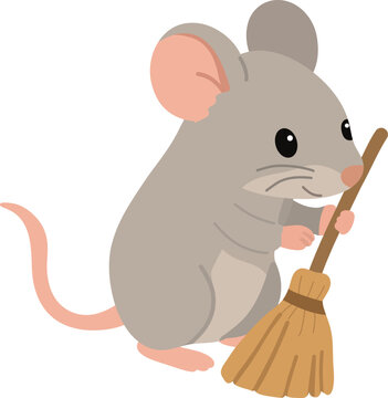Adorable gray mouse holding a broom in simple flat vector style, perfect for kids designs, cleaning concepts, nursery decor, educational materials, stickers, or playful branding.