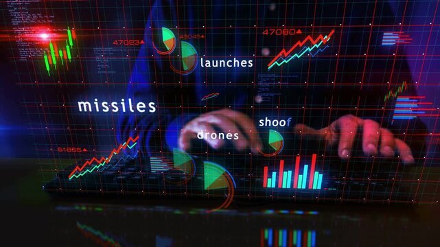 Missiles drones charts and graphs diagram with man typing computer keyboard. Digital analysis and report on 3d screen display.