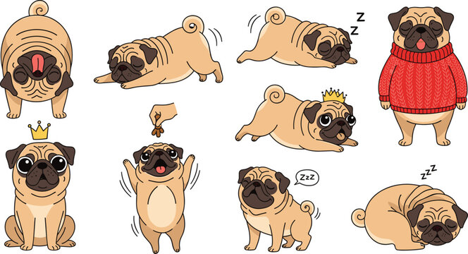 Cute pug dog cartoon vector illustration set featuring adorable puppy poses sleeping stretching and wearing sweater isolated pet collection