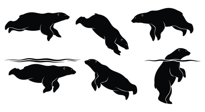 Manatee and Sea Cow Silhouette Set &mdash; Swimming Floating and Diving Marine Mammal Black Vector Illustrations