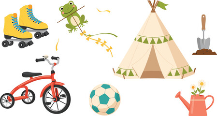 Cute outdoor activity cartoon vector illustration set featuring bicycle roller skates frog teepee tent soccer ball and camping elements © MdNazmul