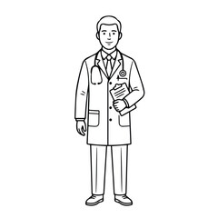 Fototapeta premium Full body portrait of doctor standing with medical chart in white coat, hospital