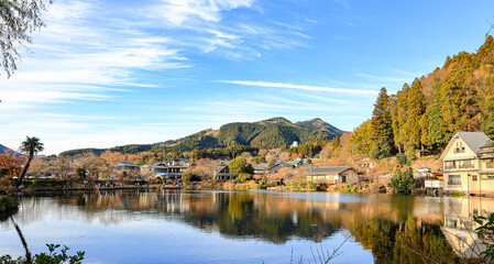 Fototapeta premium Lake Kinrin in autumn, a small lake that the famous tourist attraction in Yufuin, Oita, Japan