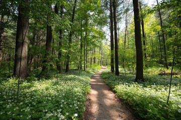 Fototapeta premium The Forest Trail Winding Through Lush Green Woodland With Sunlit Wildflower Carpet