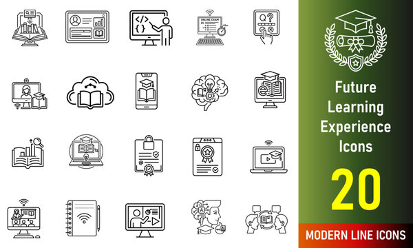 Future Learning Experience Icons line icon set. Editable Stroke. Online classroom, digital certificate, smart notebook, video lecture, AI tutor - stock vector.