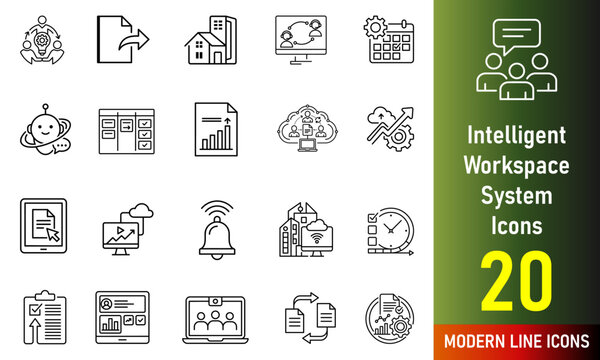 Intelligent Workspace System line icon set. Editable Stroke. Remote meeting, smart calendar, AI assistant, workflow board, team chat - stock vector.