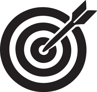 Target with arrow in bullseye icon representing focus, precision, and success in clean monochrome vector style.