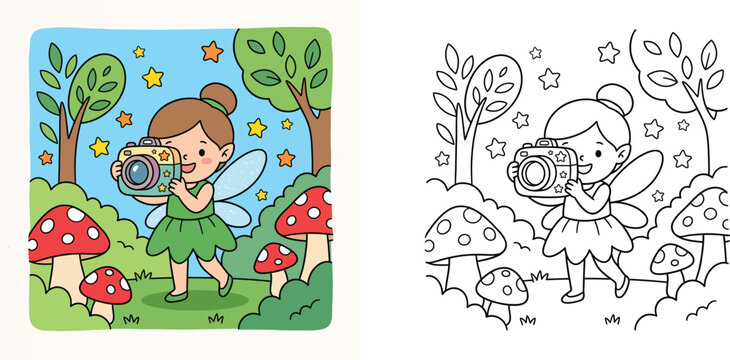 Cute fairy girl taking photo with camera in magical forest, coloring book page template with colored example, children education activity vector illustration