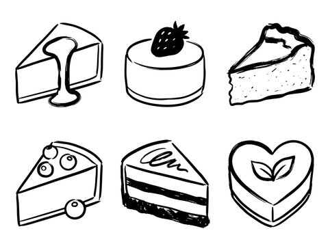 Set of six minimalist brush line art cheesecake icons, black ink doodle style, vector illustration on white background