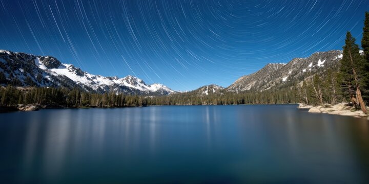 The Mountain Lake Under Star Trails with Snowcapped Peaks and Pine Forest