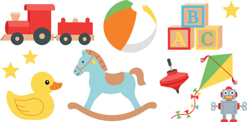 Naklejka premium Cute kids toy cartoon vector illustration set featuring train rocking horse robot kite duck and playful nursery toys