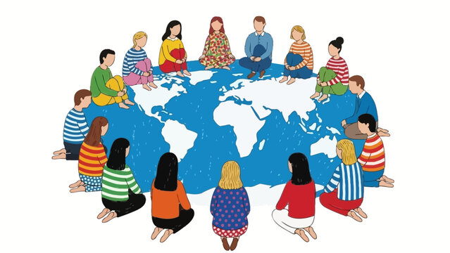 diverse people sitting in a circle on the earth global unity and community concept